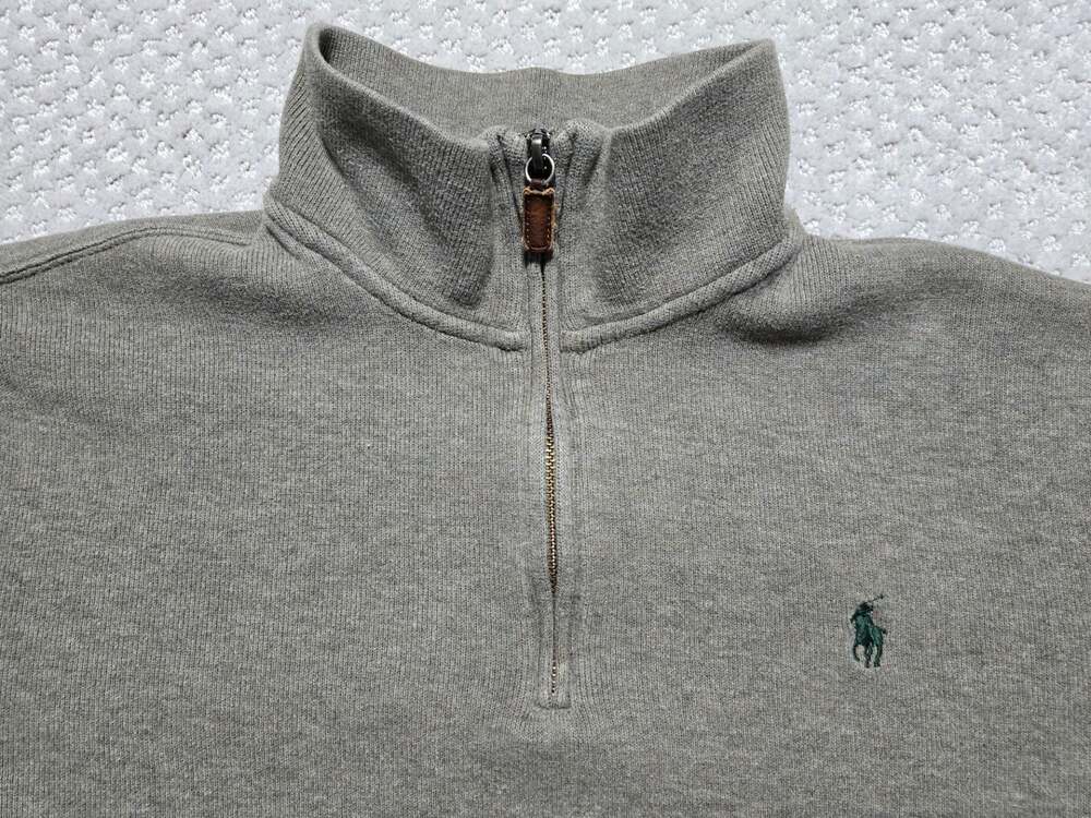 Polo Ralph Lauren Mens 1/4 Zip Pullover Sweater Dark Tan-Gray - Green Pony